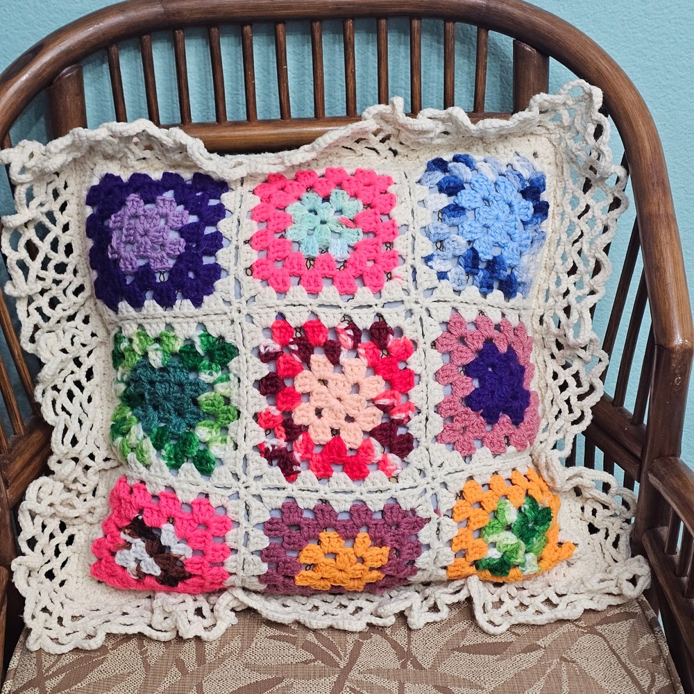 Vintage Style Handmade Crochet Granny Square Patchwork Throw Pillow Cream Lace
